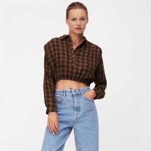 Zara Plaid Cropped Shoulder Pads Long Sleeve Top Brown Medium